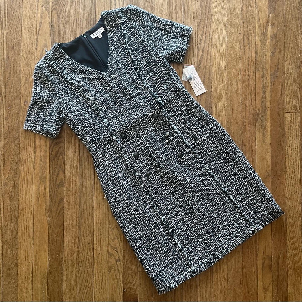 Nanette Lepore Very Black/White Mojave Boucle Tweed Mini Dress Fringe Hem Size 6